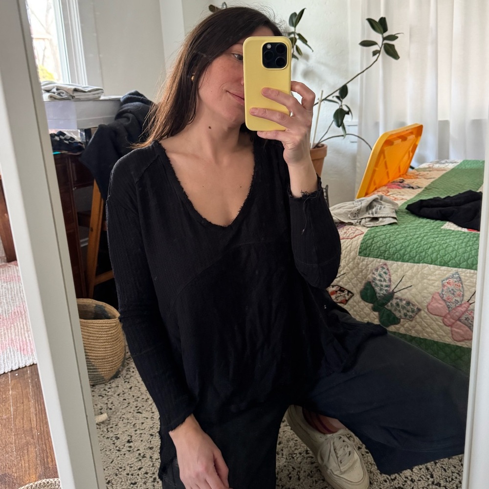 Free People Black V-Neck Waffle Knit Top